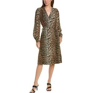 Ganni Leopard Wrap Silk-Blend Midi Dress EU34